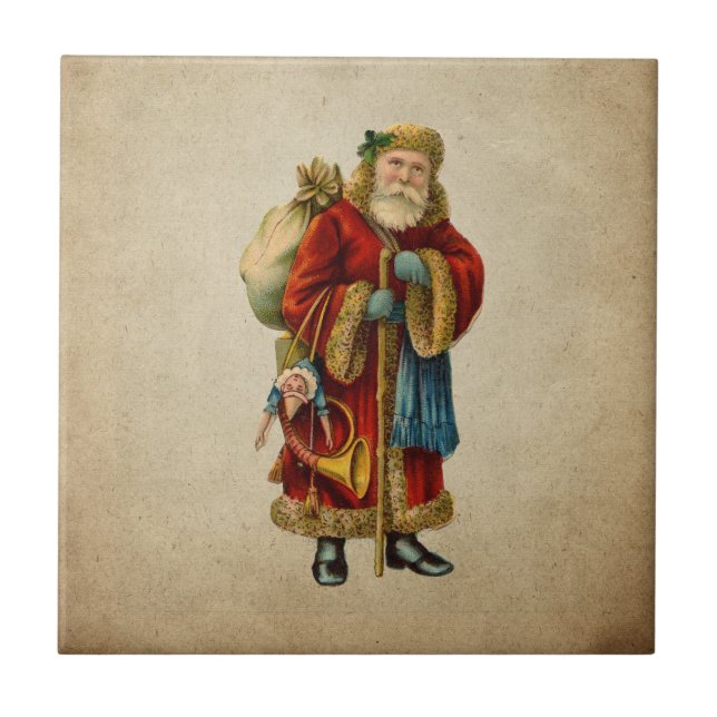 Retro Vintage Jolly Santa Claus Christmas Ceramic Tile (Front)