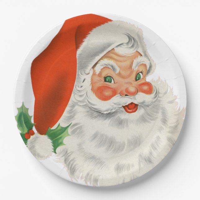 Retro Vintage Jolly Santa Claus Christmas Paper Plates (Front)