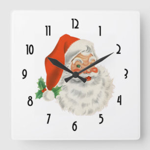 Retro Vintage Jolly Santa Claus Christmas Square Wall Clock