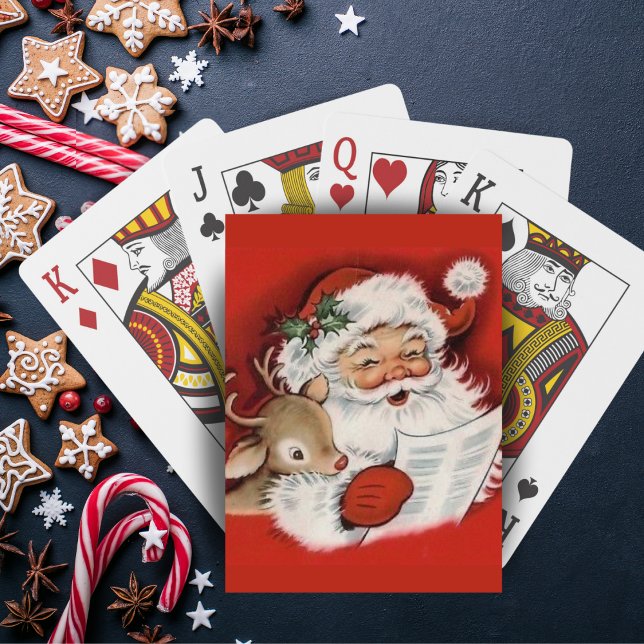Retro Vintage Jolly Santa with Rudolf Christmas Poker Cards (Retro Vintage Jolly Santa with Rudolf Christmas Playing Cards)