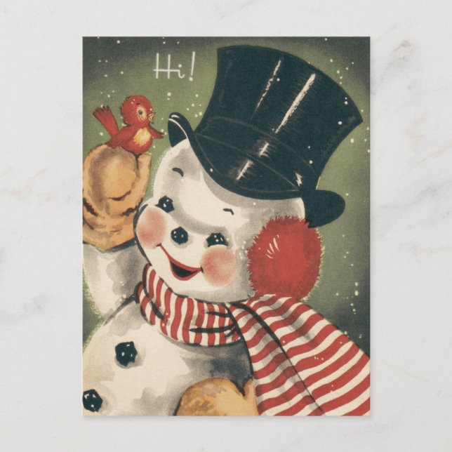 Retro Vintage Jolly Snowman Holiday Postcard (Front)