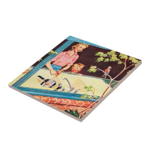 retro vintage kitchen lady ceramic tile