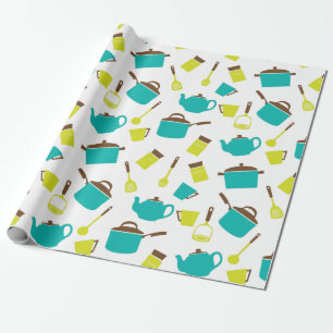 Retro Vintage Kitchen Utensils 50s Yellow Blue Wrapping Paper