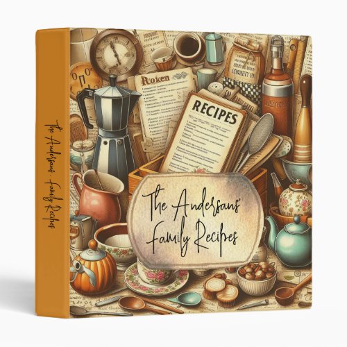 Retro Vintage Kitchen Utensils Family Cookbook 3 Ring Binder