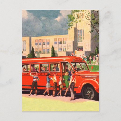 Retro Vintage Kitsch 50s School Kid Red School Bus Postcard