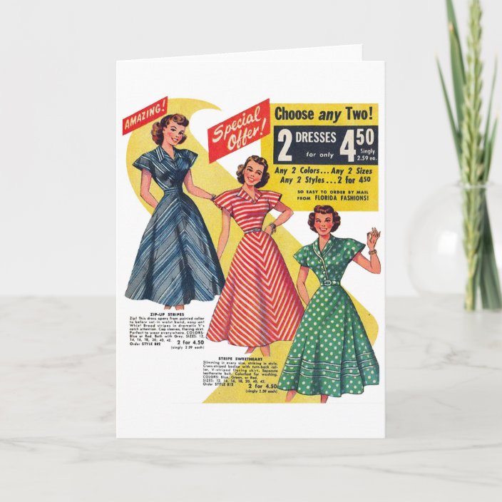 Retro Vintage Kitsch 50s Woman Dresses Fashion Ad Card Zazzle