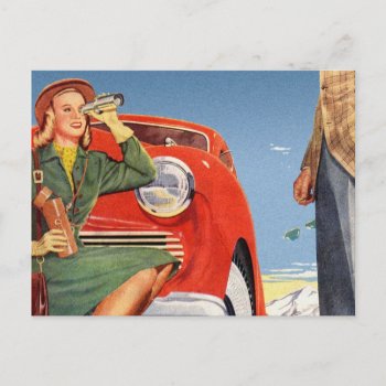 Retro Vintage Kitsch Ad Auto Woman Sightseeing Postcard by seemonkee at Zazzle