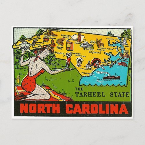 Retro Vintage Kitsch Decal North Carolina Pin Up Postcard