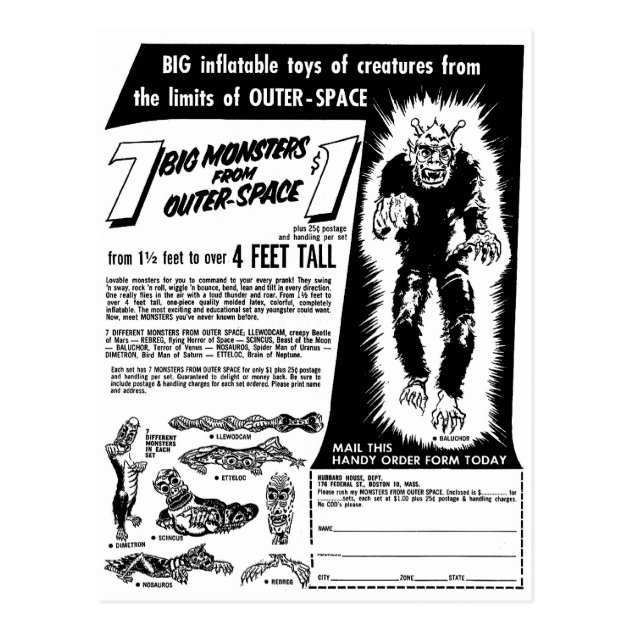 Retro Vintage Kitsch Halloween 7 Monsters $1 Ad Postcard