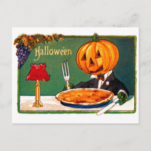 Retro Vintage Kitsch Halloween Pumpkin Eating Pie Postcard