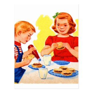 Retro Vintage Kitsch Kids Eating Hamburgers Burger Postcard