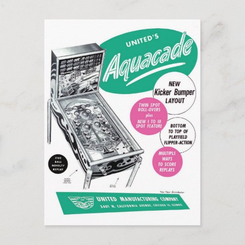 Retro Vintage Kitsch Pinball Aquacade Sales Ad Postcard