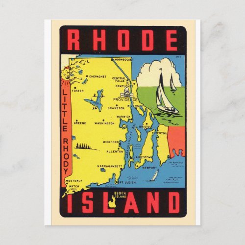 Retro Vintage Kitsch Rhode Island Rhody Decal Postcard