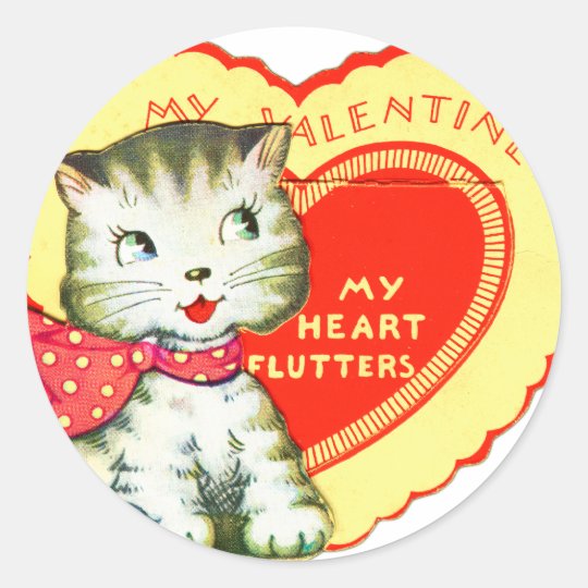 Retro Vintage Kitsch School Valentine Kitty Cat Classic Round Sticker