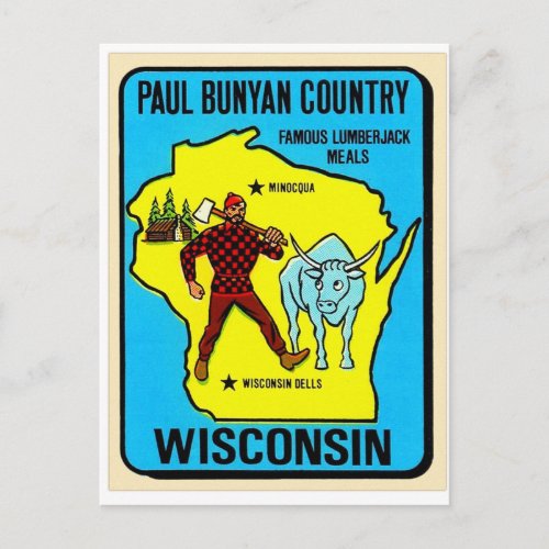 Retro Vintage Kitsch Wisconsin Paul Bunyan Decal Postcard