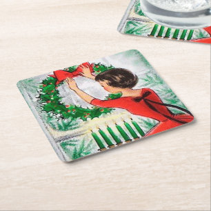 Retro Vintage lady Christmas party coaster