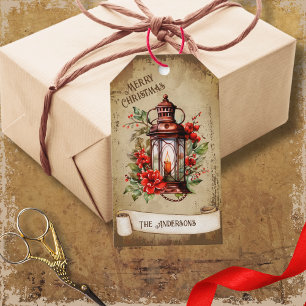 Retro Vintage Lantern Red Green Floral Christmas Gift Tags