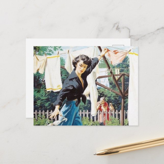 retro vintage laundry lady  postcard (Front/Back In Situ)
