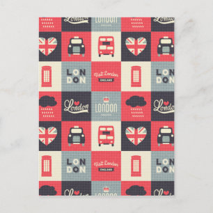 retro,vintage,London,UK,collage,twill,red,black Postcard