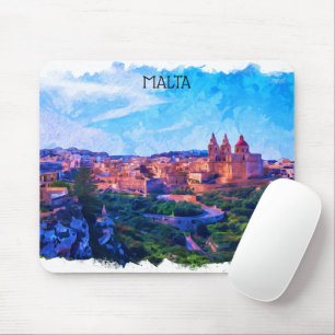 Retro Vintage Malta panorama Watercolor view Mouse Pad