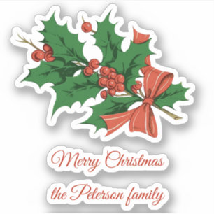 Retro Vintage Merry Christmas Holly Bow Name Sticker