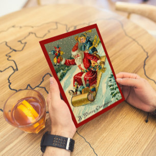 Retro Vintage Merry Christmas Santa Boy Sledding  Holiday Card