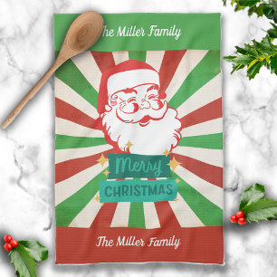 Retro Vintage Merry Christmas Santa Custom Name Kitchen Towel
