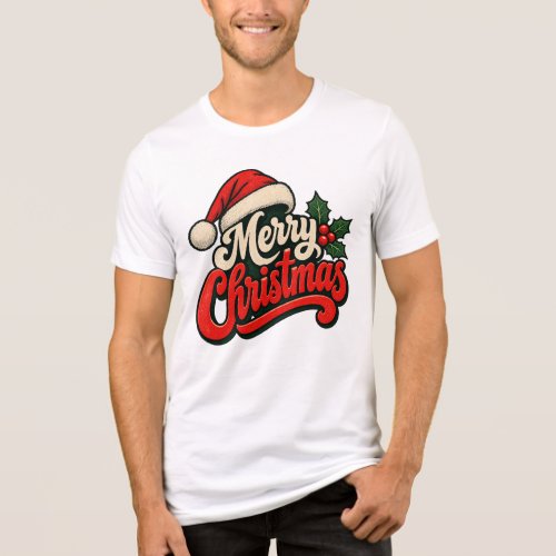 Retro Vintage Merry Christmas Santa Hat Holly Tri-Blend Shirt