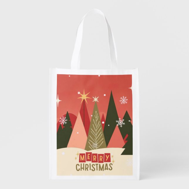Retro/Vintage Merry Christmas tree Grocery Bag (Front)