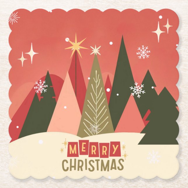 Retro/Vintage Merry Christmas tree Paper Coaster (Front)