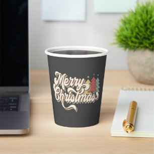 Retro Vintage Merry Christmas Typography Paper Cups