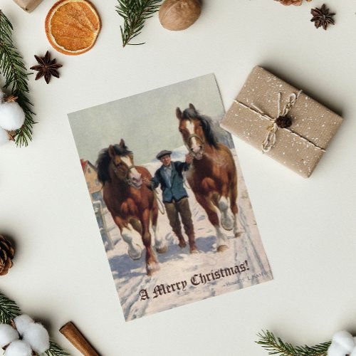 Retro Vintage Merry Christmas Village Horses Snow Holiday Postcard