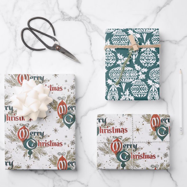 Retro Vintage Merry Christmas Wrapping Paper Sheets (Front)