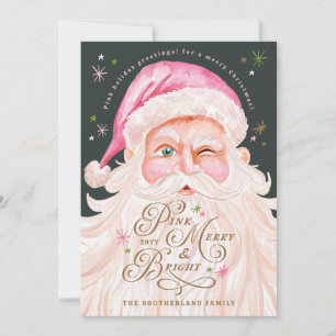 Retro Vintage Merry & Pink Watercolor Santa Claus Holiday Card