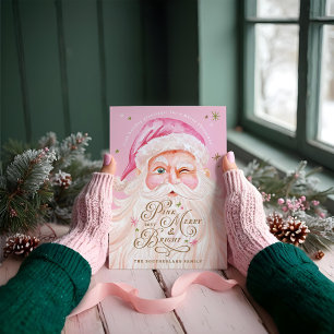 Retro Vintage Merry & Pink Watercolor Santa Claus Holiday Card