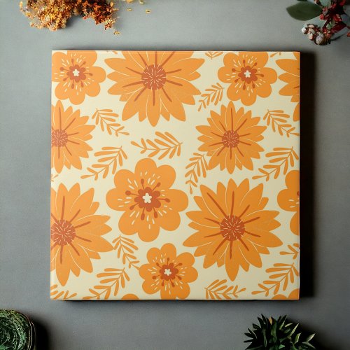 Retro Vintage Mid Century Orange Flower Pattern Ceramic Tile
