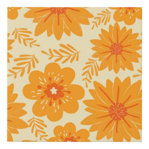 Retro Vintage Mid Century Orange Flower Pattern Faux Canvas Print