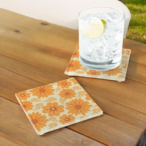 Retro Vintage Mid Century Orange Flower Pattern Glass Coaster