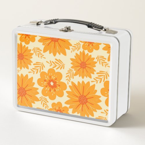 Retro Vintage Mid Century Orange Flower Pattern Metal Lunch Box