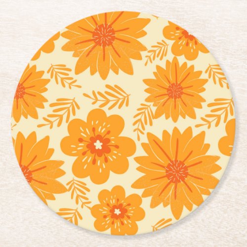 Retro Vintage Mid Century Orange Flower Pattern Round Paper Coaster