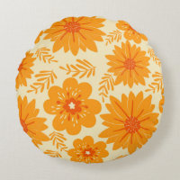 Retro Vintage Mid Century Orange Flower Pattern Round Pillow