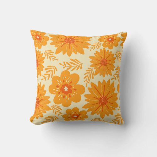 Retro Vintage Mid Century Orange Flower Pattern Throw Pillow