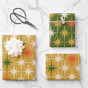 Retro Vintage Mid-Century Star Pattern Green Ochre Wrapping Paper Sheets