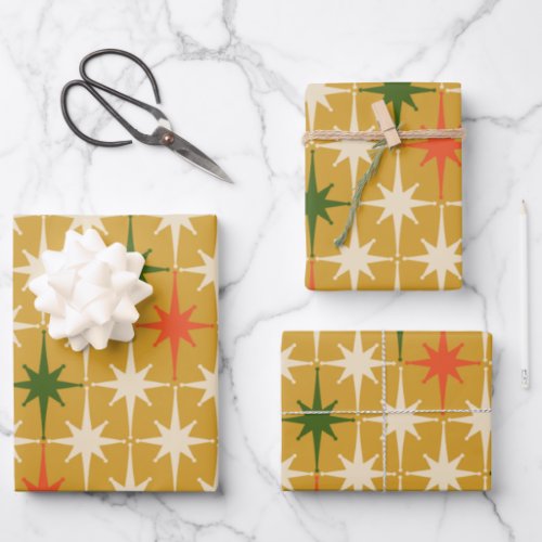  Retro Vintage Mid_Century Star Patterns Ochre Wrapping Paper Sheets