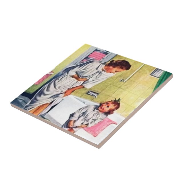 retro vintage Mom Daughter Bathroom Ceramic Tile (Side)