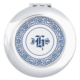 Retro Vintage Monogrammed Initials Blue & White Compact Mirror