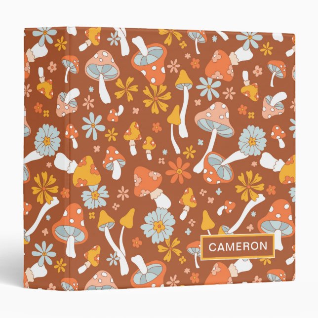 Retro Vintage Mushroom Flower Pattern 3 Ring Binder (Front/Spine)