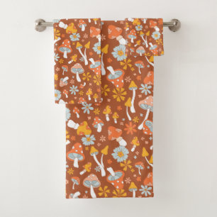 Retro Vintage Mushroom Flower Pattern Bath Towel Set