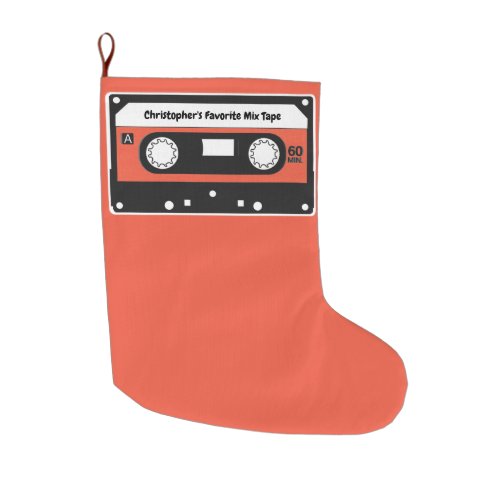 Retro Vintage Music Mix Tape Red Large Christmas Stocking