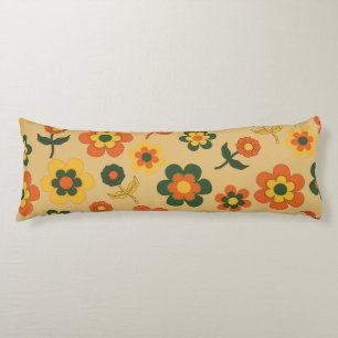 Retro Vintage Orange 70s Flower Pattern Body Pillow